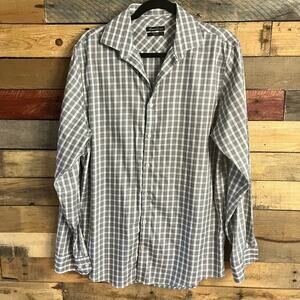 Kenneth Cole NY Slim Fit Gray And White Plaid Button Down Size 15 1/2, 34/35